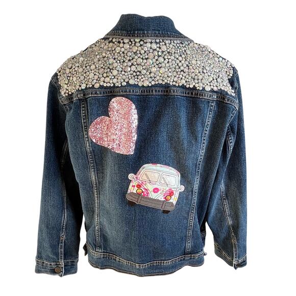 Old Navy Jean Jacket Custom Embellished Size XXL Heavy Beading Applique - Picture 5 of 9